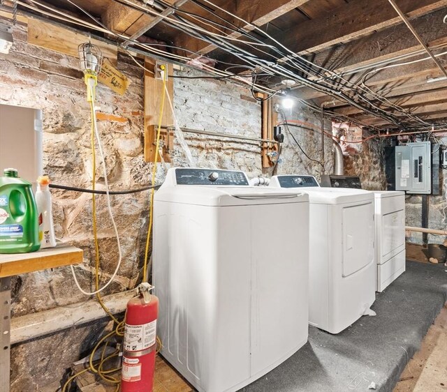 laundry room featuring laundry area, washing machine and dryer, and electric panel