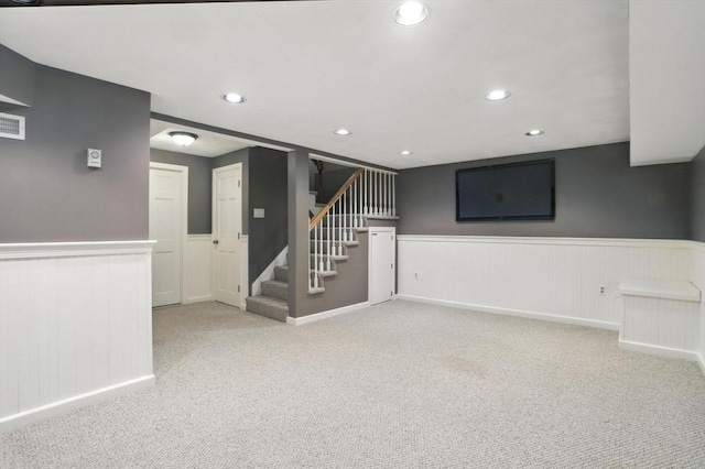 814 Wellman Ave Unit 814, Chelmsford, MA 01863 - unfurnished room with a wainscoted wall, carpet floors, stairway, and recessed lighting