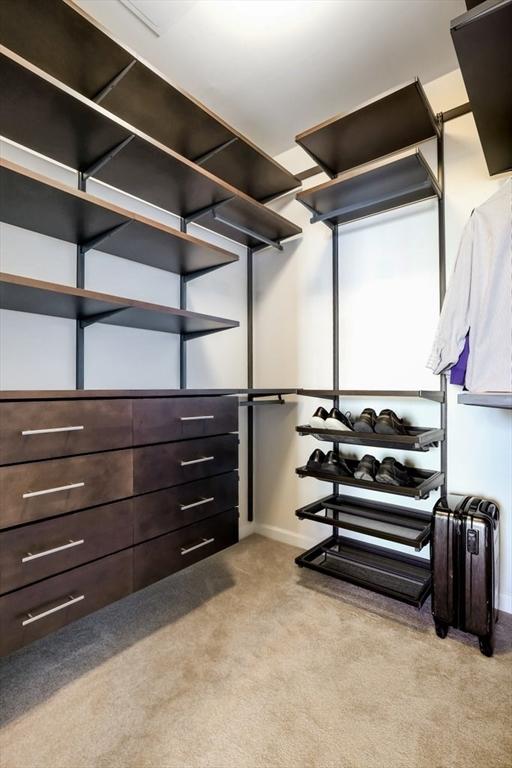 walk in closet featuring light carpet