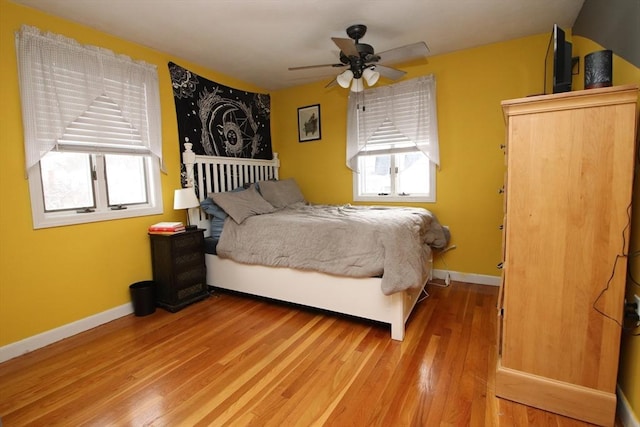 bedroom with ceiling fan and wood-type flooring