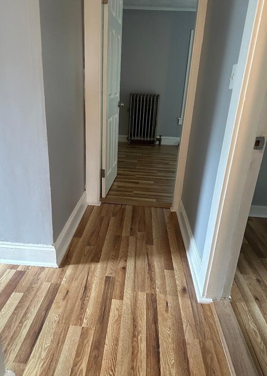 corridor featuring radiator heating unit and wood-type flooring