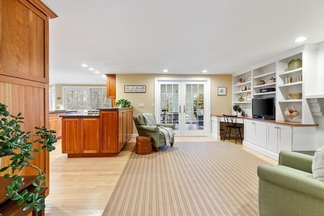 office area featuring recessed lighting, french doors, and light wood-style floors