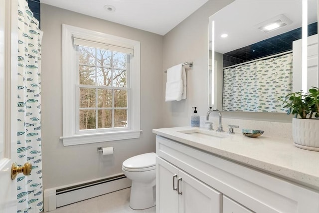 bathroom featuring visible vents, a baseboard heating unit, toilet, a shower with shower curtain, and vanity