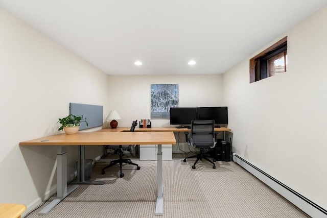 office featuring recessed lighting, a baseboard heating unit, baseboards, and carpet