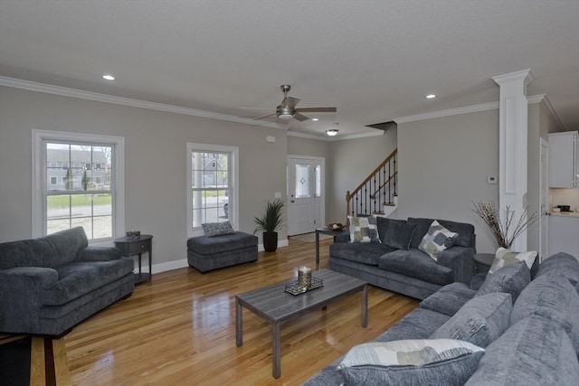 15 Fernwood Dr, East Longmeadow, MA 01028 - living room featuring light wood finished floors, ornamental molding, a ceiling fan, recessed lighting, and stairway