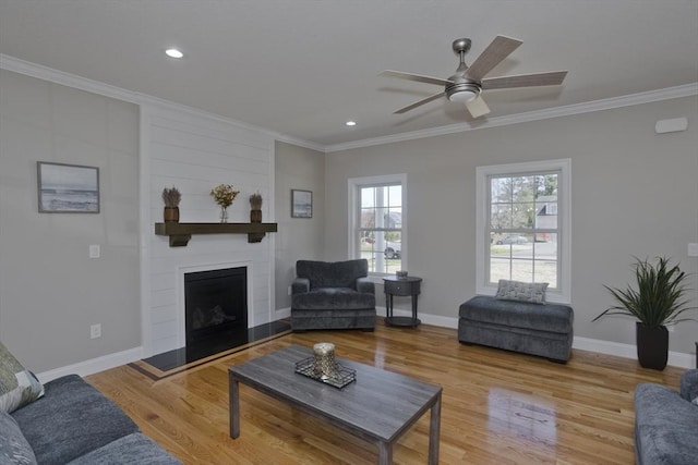 15 Fernwood Dr, East Longmeadow, MA 01028 - living room with ornamental molding, light wood-style floors, a large fireplace, ceiling fan, and baseboards
