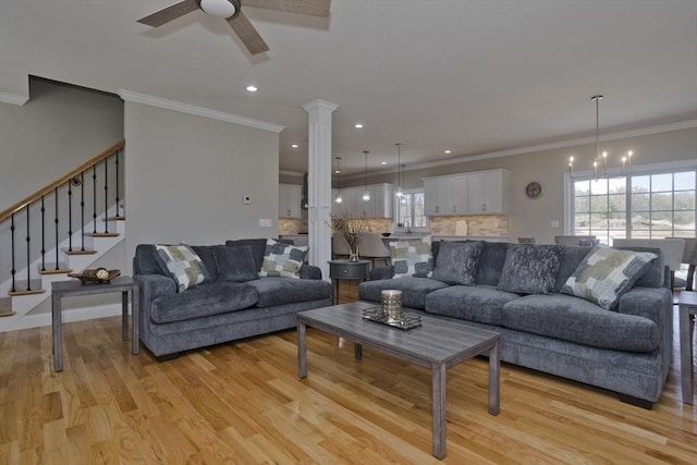15 Fernwood Dr, East Longmeadow, MA 01028 - living room with light wood-type flooring, a ceiling fan, ornamental molding, plenty of natural light, and recessed lighting