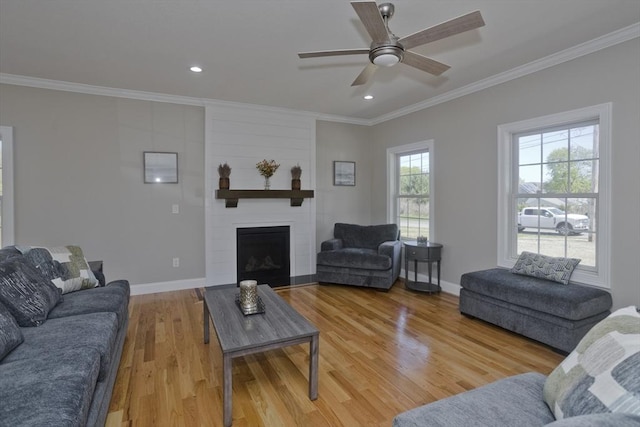 15 Fernwood Dr, East Longmeadow, MA 01028 - living area with ornamental molding, light wood-style flooring, a ceiling fan, a fireplace, and baseboards