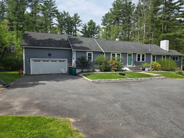 331 Bay Rd, Easton, MA 02356 - ranch-style house with a chimney, an attached garage, driveway, and a front lawn