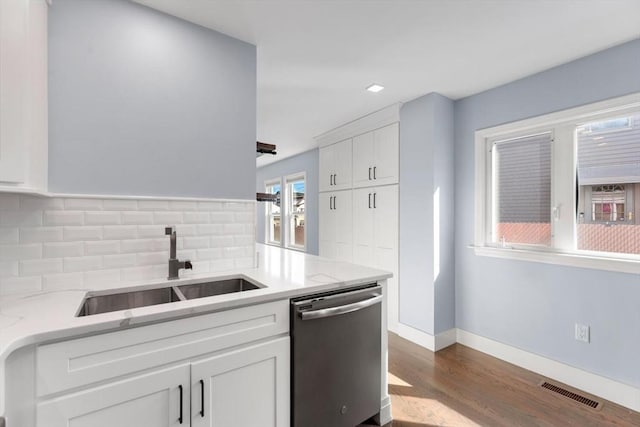 kitchen featuring white cabinets, a sink, visible vents, and stainless steel dishwasher