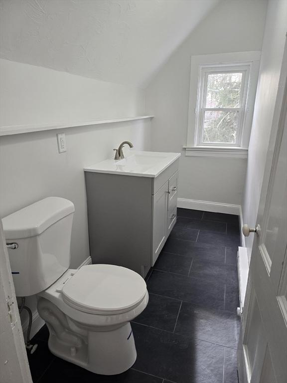 bathroom featuring toilet, vanity, and vaulted ceiling