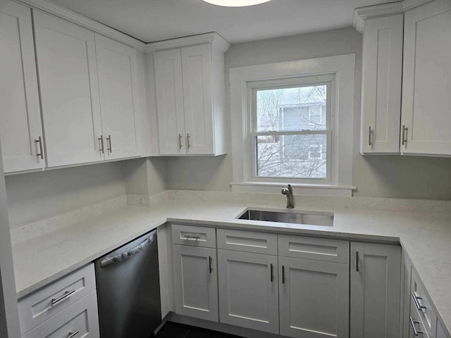 kitchen with white cabinetry, stainless steel dishwasher, and sink