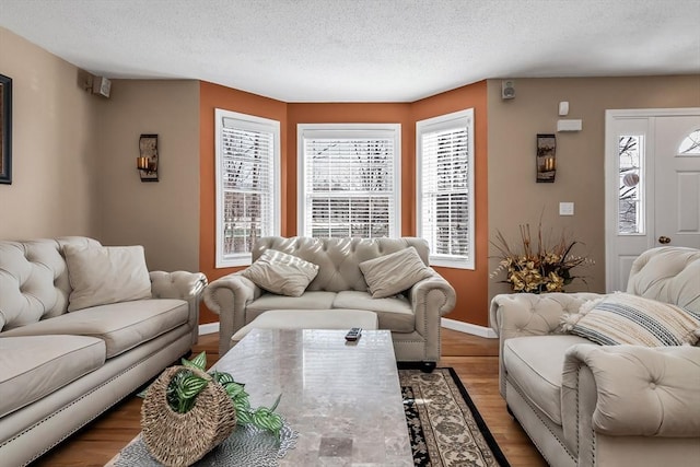 living room featuring hardwood / wood-style flooring, a healthy amount of sunlight, and a textured ceiling