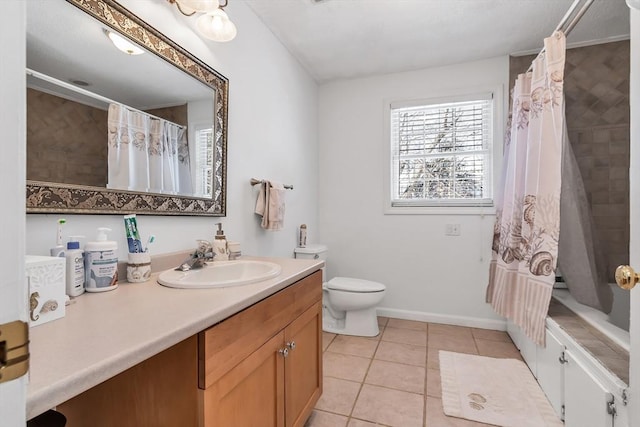 full bathroom with vanity, shower / bath combo, tile patterned floors, and toilet