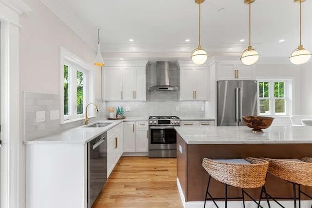 162 Swanton St Unit 162, Winchester, MA 01890 - kitchen featuring stainless steel appliances, wall chimney exhaust hood, a sink, light wood-type flooring, and a breakfast bar