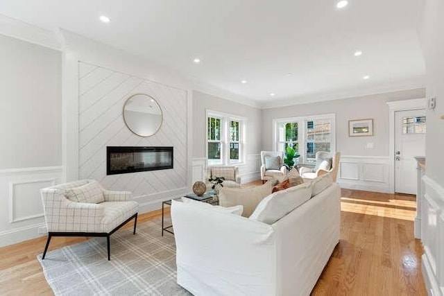 162 Swanton St Unit 162, Winchester, MA 01890 - living area with a decorative wall, light wood-style flooring, a premium fireplace, crown molding, and wainscoting