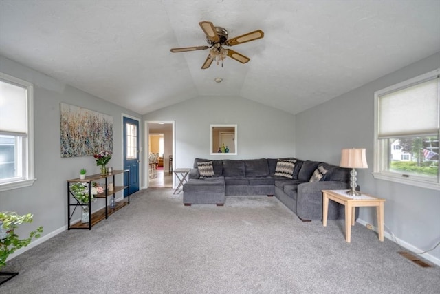 208 Green St, Weymouth, MA 02191 - living area with ceiling fan, carpet floors, baseboards, and lofted ceiling