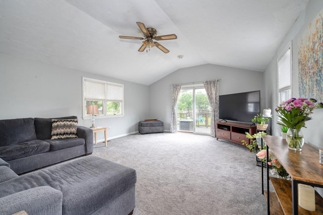208 Green St, Weymouth, MA 02191 - living area with lofted ceiling, a ceiling fan, carpet floors, and baseboards