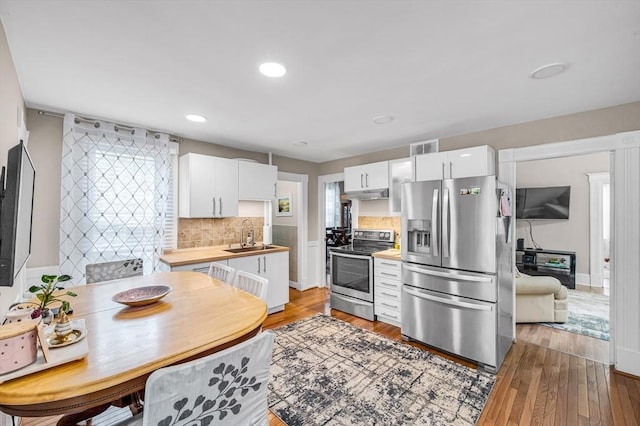 70 Riverdale St, West Springfield, MA 01089 - kitchen with stainless steel appliances, a sink, under cabinet range hood, backsplash, and hardwood / wood-style floors
