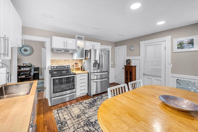 70 Riverdale St, West Springfield, MA 01089 - kitchen with appliances with stainless steel finishes, a sink, under cabinet range hood, butcher block countertops, and white cabinetry