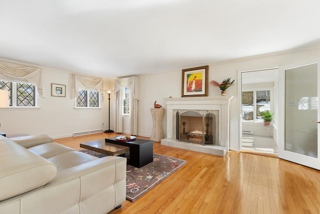 living area with plenty of natural light, a baseboard radiator, a premium fireplace, and wood-type flooring