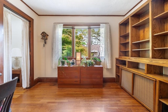 interior space with light wood-type flooring, baseboards, and crown molding