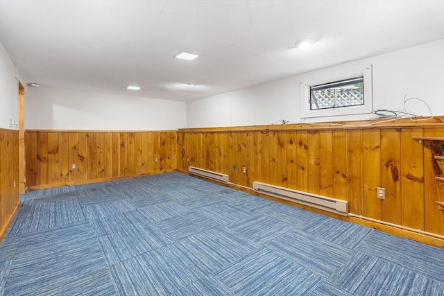 empty room featuring a baseboard heating unit, a wainscoted wall, and wooden walls