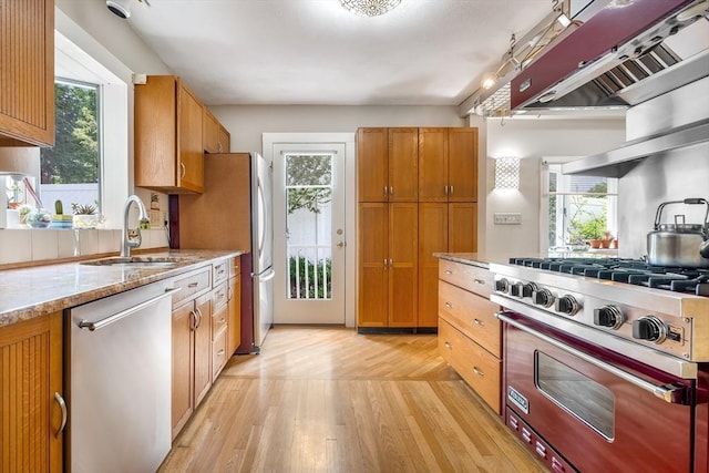 kitchen with appliances with stainless steel finishes, a sink, light wood finished floors, and healthy amount of natural light