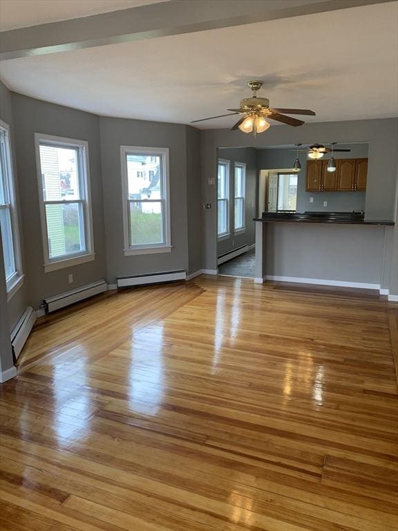 58 Ames Ave, Chicopee, MA 01013 - unfurnished living room featuring a baseboard radiator, light wood finished floors, ceiling fan, and baseboards