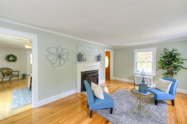 197 Eastern Ave, Worcester, MA 01605 - sitting room with radiator heating unit, light wood-style flooring, ornamental molding, baseboards, and a fireplace with flush hearth