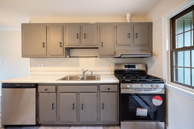 kitchen with a wealth of natural light, sink, gray cabinets, and stainless steel appliances