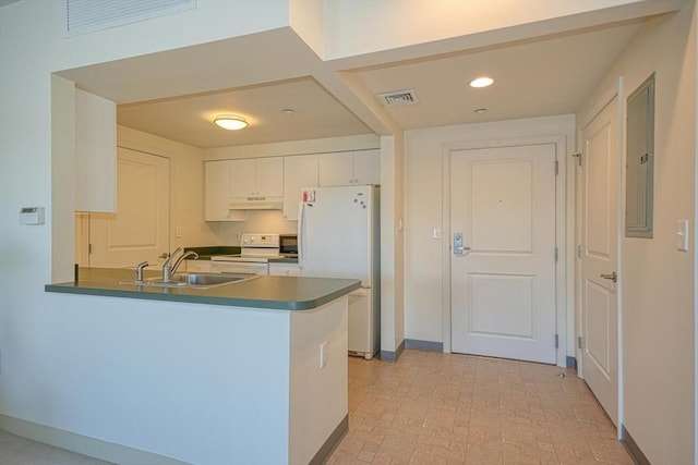 kitchen with sink, white appliances, white cabinetry, and kitchen peninsula