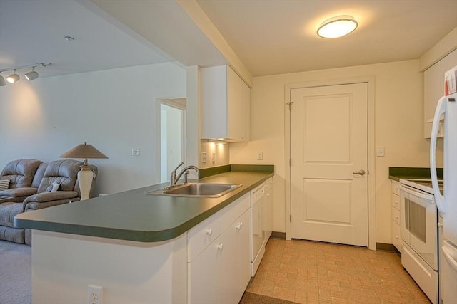 kitchen featuring white cabinets, white appliances, kitchen peninsula, and sink