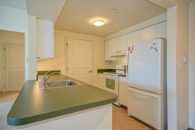 kitchen with kitchen peninsula, sink, white cabinets, and white appliances