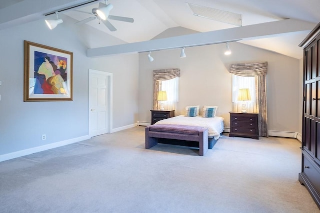 32 Eaton Rd W, Framingham, MA 01701 - bedroom with track lighting, vaulted ceiling, multiple windows, light colored carpet, and a baseboard heating unit