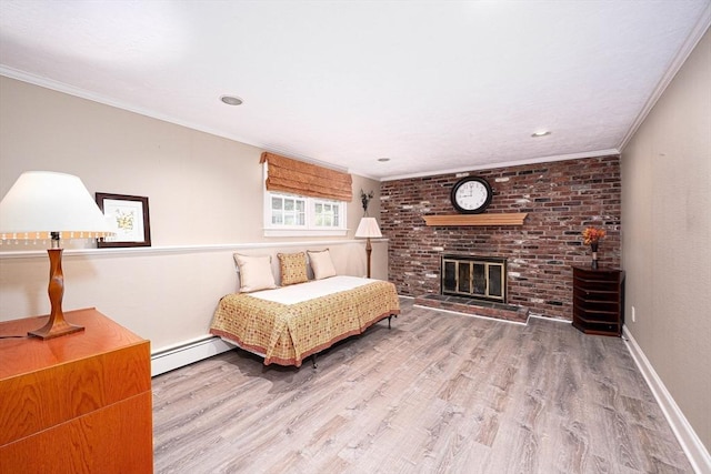 32 Eaton Rd W, Framingham, MA 01701 - bedroom featuring a baseboard heating unit, wood finished floors, ornamental molding, and a brick fireplace