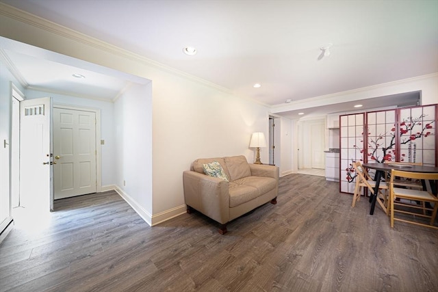 32 Eaton Rd W, Framingham, MA 01701 - sitting room featuring crown molding, dark wood-style floors, and recessed lighting