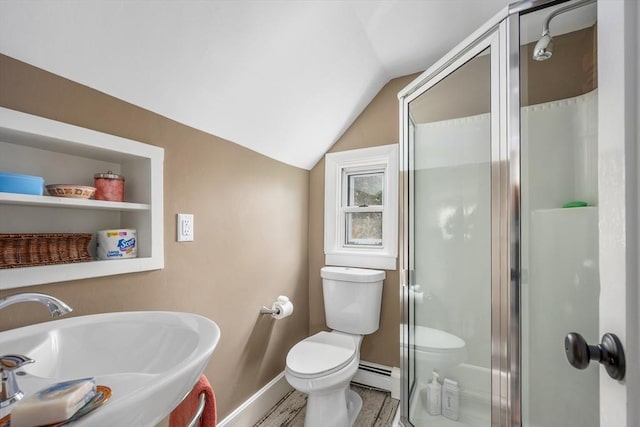 5 Putnam Ave, Barnstable, MA 02635 - full bath featuring baseboard heating, a stall shower, and lofted ceiling