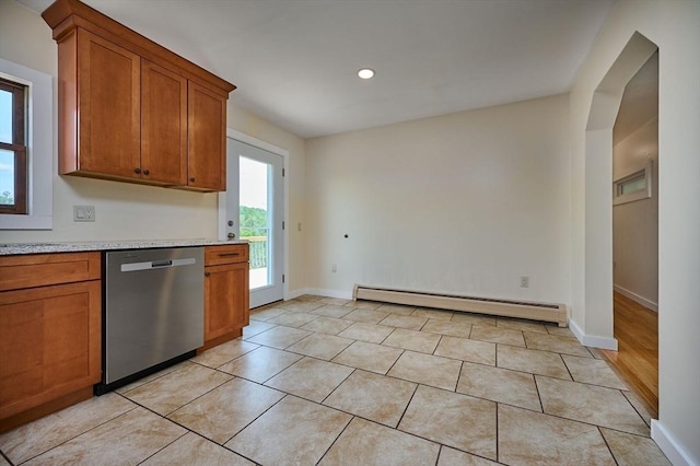 18 Coombs Hill Rd, Colrain, MA 01340 - kitchen featuring dishwasher, baseboard heating, brown cabinets, recessed lighting, and baseboards