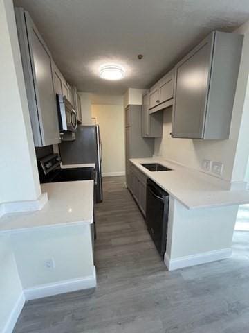 kitchen featuring gray cabinets, light hardwood / wood-style flooring, and appliances with stainless steel finishes