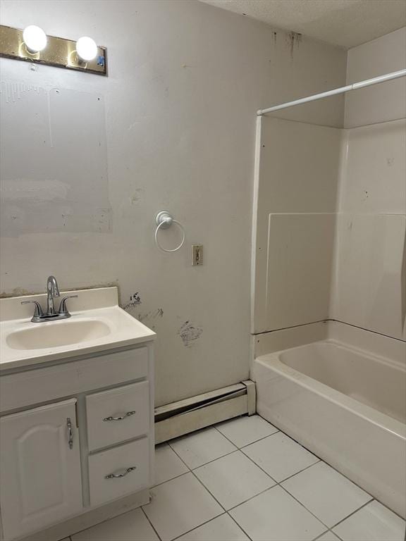 bathroom featuring a textured ceiling, tile patterned floors, a baseboard radiator, shower / tub combination, and vanity