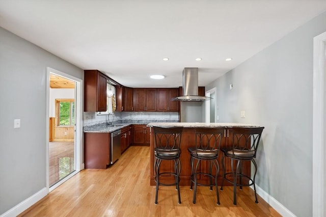 451 Lincoln St, Abington, MA 02351 - kitchen with island range hood, dishwasher, light wood-style floors, baseboards, and recessed lighting