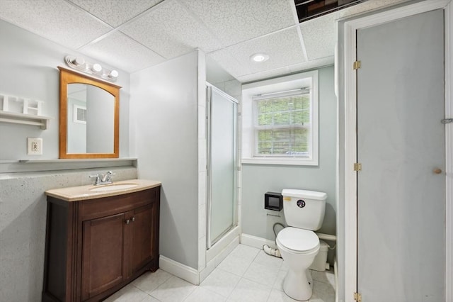 451 Lincoln St, Abington, MA 02351 - full bathroom featuring toilet, vanity, a shower stall, tile patterned flooring, and a paneled ceiling