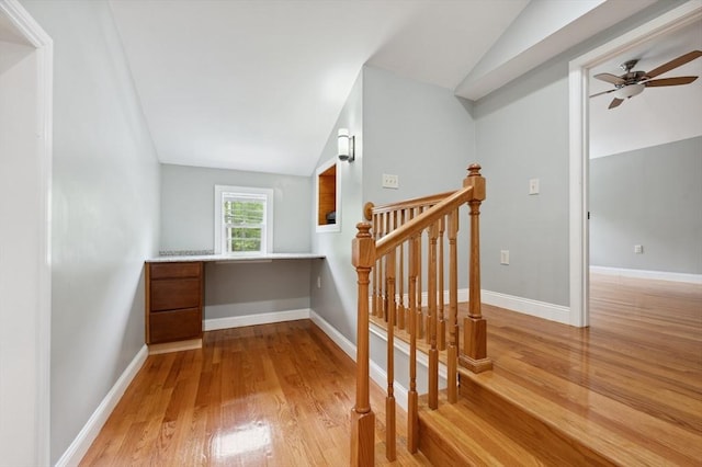 451 Lincoln St, Abington, MA 02351 - stairway featuring lofted ceiling, wood finished floors, built in desk, a ceiling fan, and baseboards