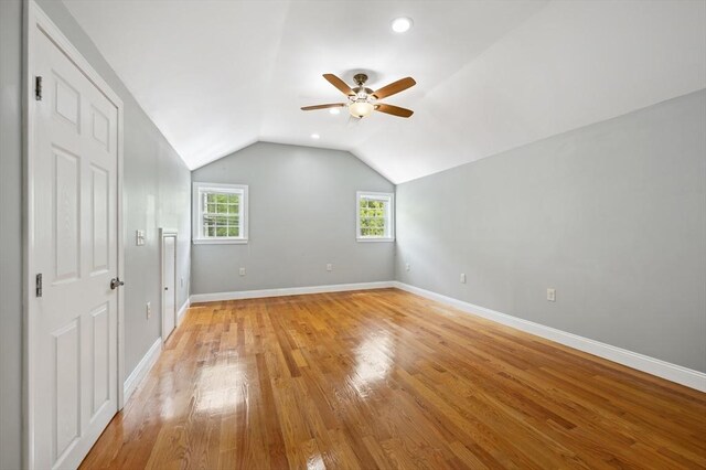 451 Lincoln St, Abington, MA 02351 - additional living space featuring ceiling fan, lofted ceiling, light wood-style flooring, and baseboards