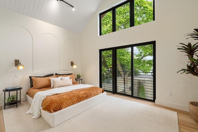 33 Conwell Ave, Somerville, MA 02144 - bedroom with high vaulted ceiling, access to exterior, wood finished floors, and rail lighting
