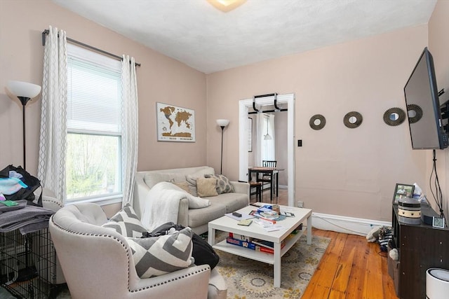 living room with baseboards and wood finished floors