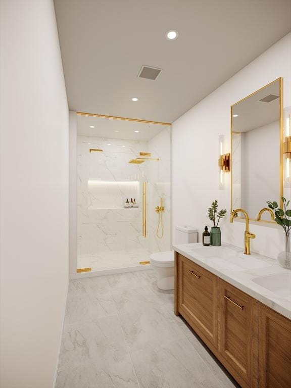 bathroom featuring a marble finish shower, toilet, recessed lighting, marble finish floor, and vanity