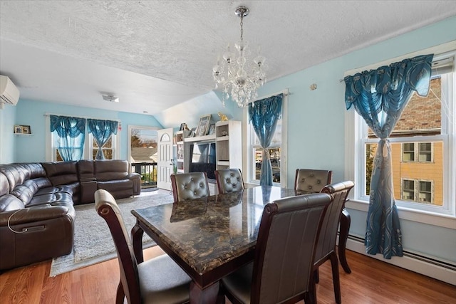 dining area featuring hardwood / wood-style floors, lofted ceiling, a textured ceiling, and a baseboard heating unit