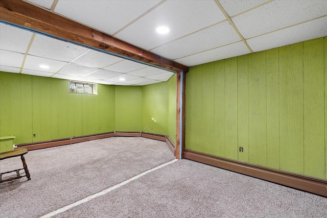 basement featuring carpet and wood walls